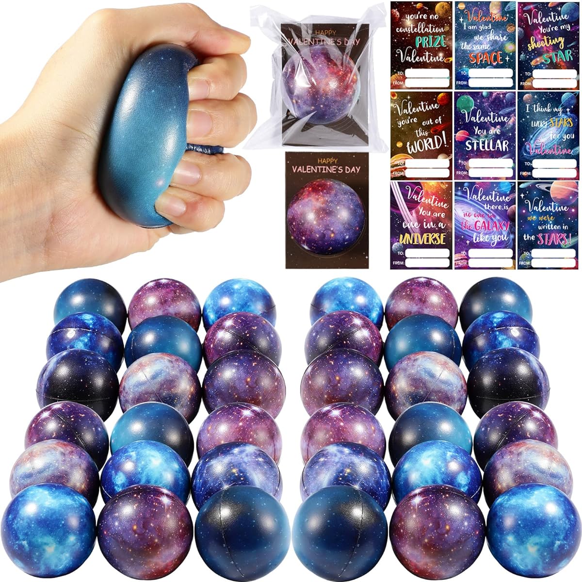 Valentine's Day Gift Cards with Galaxy Stress Balls, Valentine Galaxy Pattern Cards, Space Theme, Galaxy Stress Ball Set for Valentine's Day/Classroom/Exchange Gifts, Pack of 36