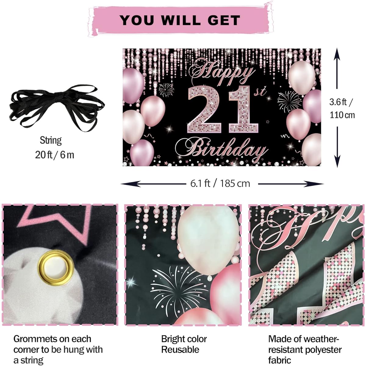HTDZZI 21st Birthday Decorations for Her Happy 21st Birthday Banner Backdrop Pink 21st Birthday Party Photo Booth Props Backdrop Decor Outdoor Indoor Fabric 6ft x 3ft