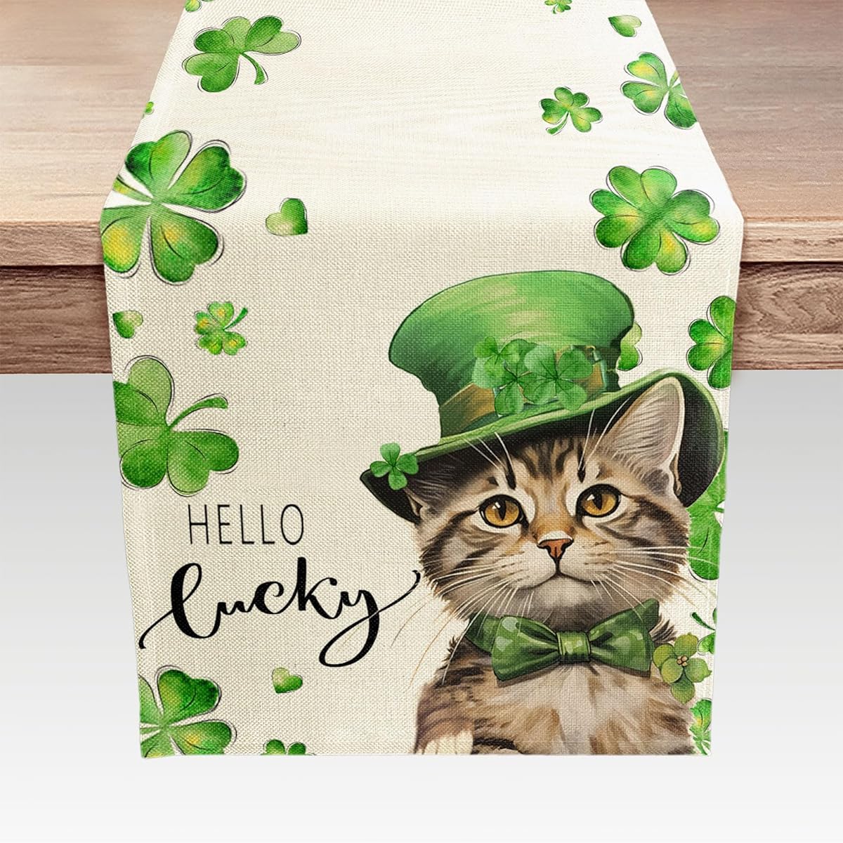 Spring Table Runner Funny Cat St. Patrick's Day Decor Green Shamrock Seasonal Spring Holiday Table Decorations Indoor Outdoor Dining Table Decor (13" x 72")