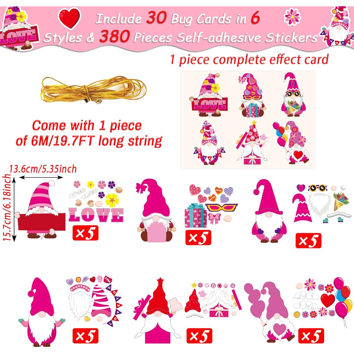 chiazllta 30 Pack Valentine's Day Craft Kit DIY Gnomes Art Crafts for Preschoolers Valentine's Make Your Own Gnome Paper Craft Set Home Class Game Activities for Kindergarten