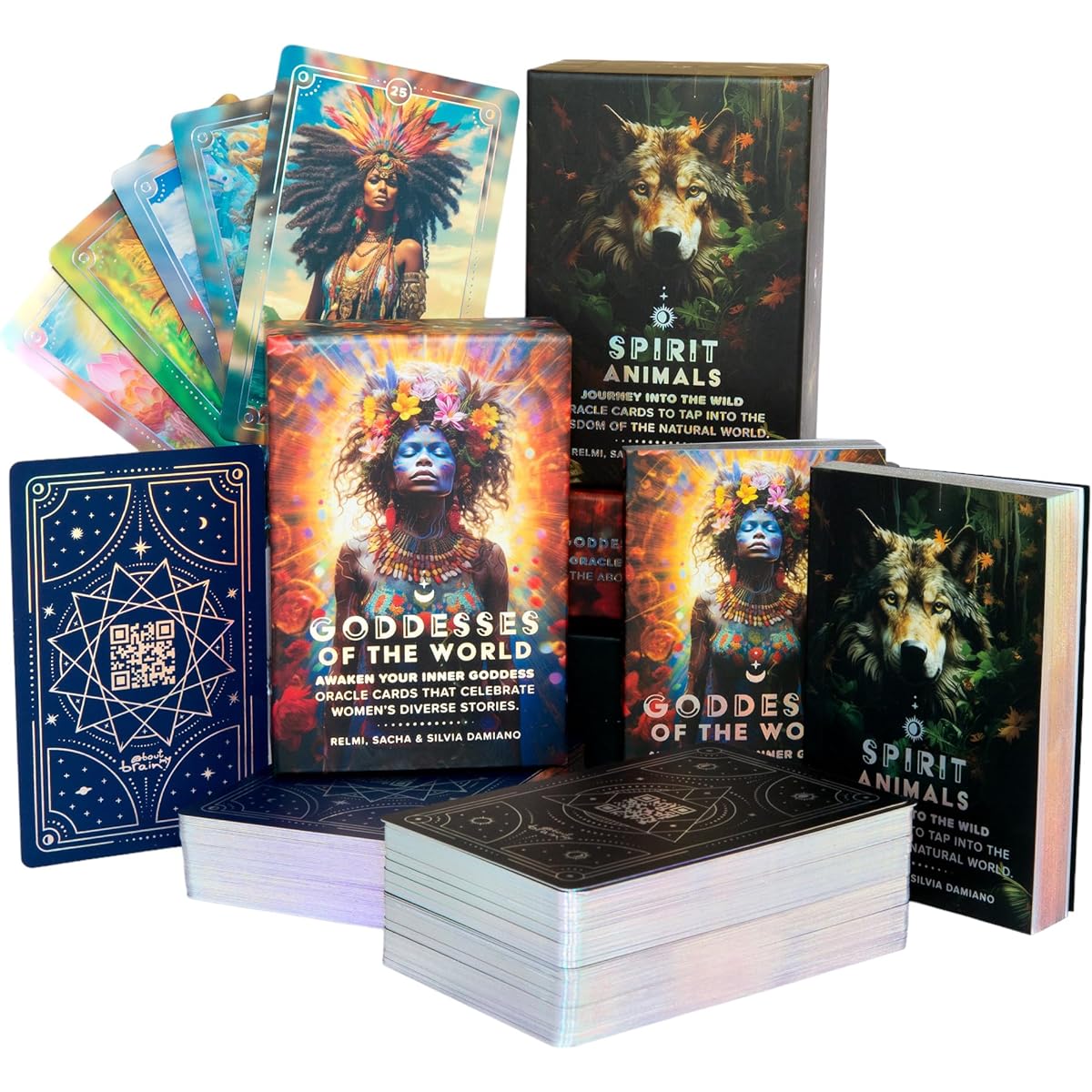 About my Brain Bundle - 2 Deluxe Oracle Deck Sets: 96 Card Deck Spirit Animals & 60 Card Deck Goddesses of The World | Oracle Cards and Guidebook