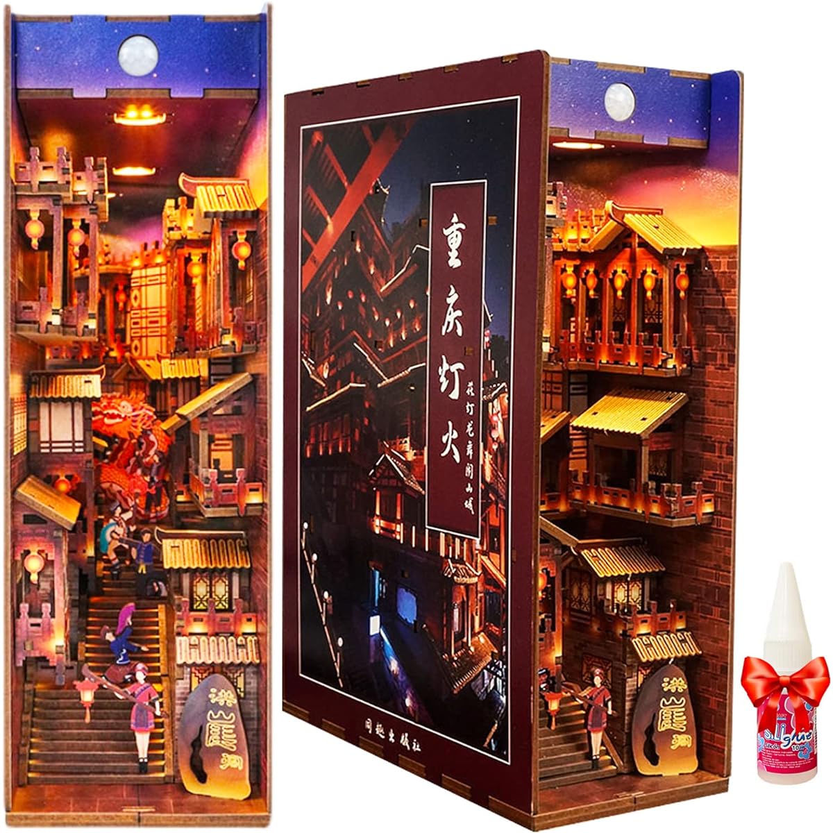 Buladle 3D Wooden Assembled Bookshelf Insert Bookshelf Decorative Array Book Nook DIY Dollhouse Miniature Kit with Furniture & Motion Sensor Light