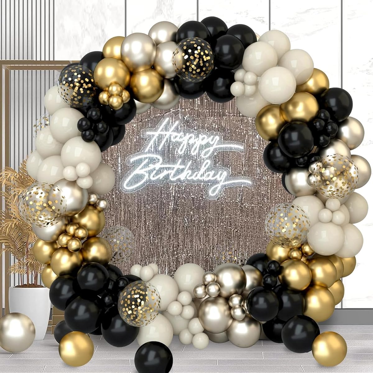 Happy New Years Decorations 2024 - Black and Gold Balloon Garland Arch Kit 152 Pieces White Sand Confetti Champagne New Year's Eve Party Balloons New Year Decorations 2024 Birthday Wedding Party Decoration