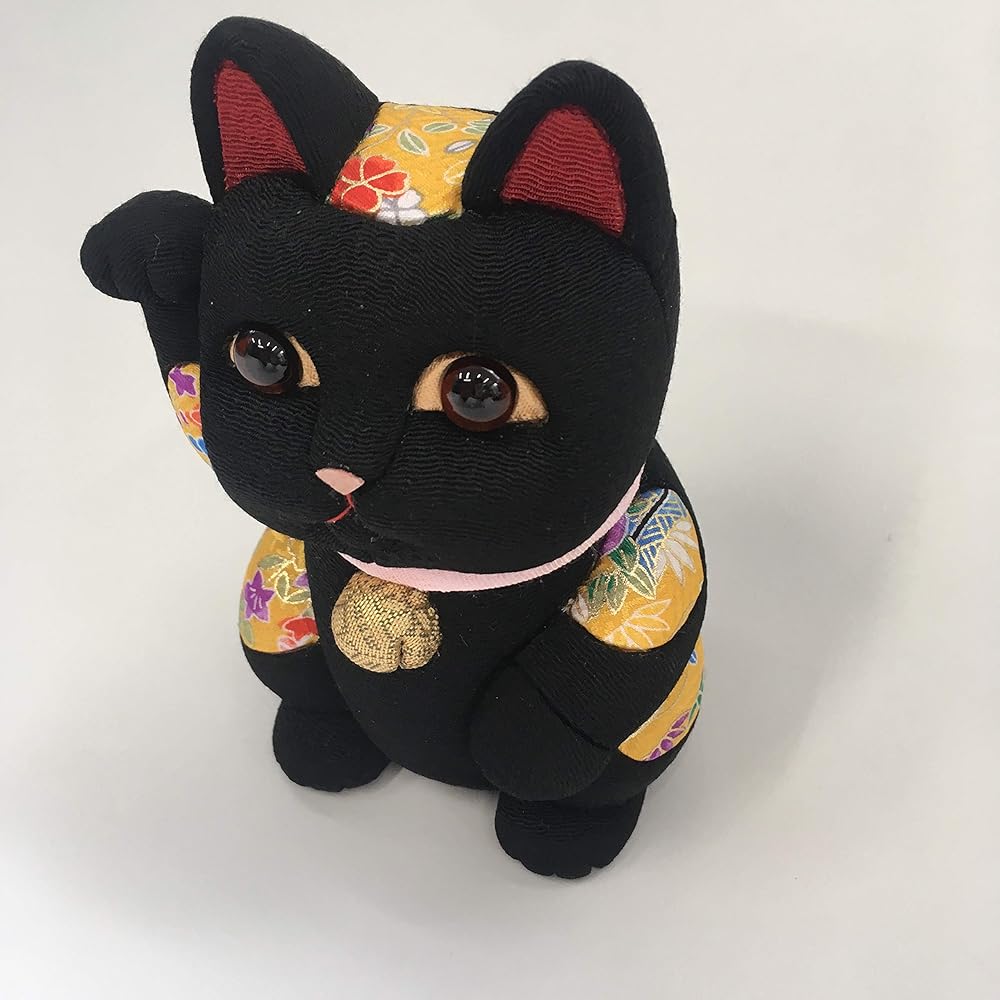 Lucky Cat Large Feng Shui Black Traditional Craftsman Toko Kakinuma Kimekomi Doll Made in Japan