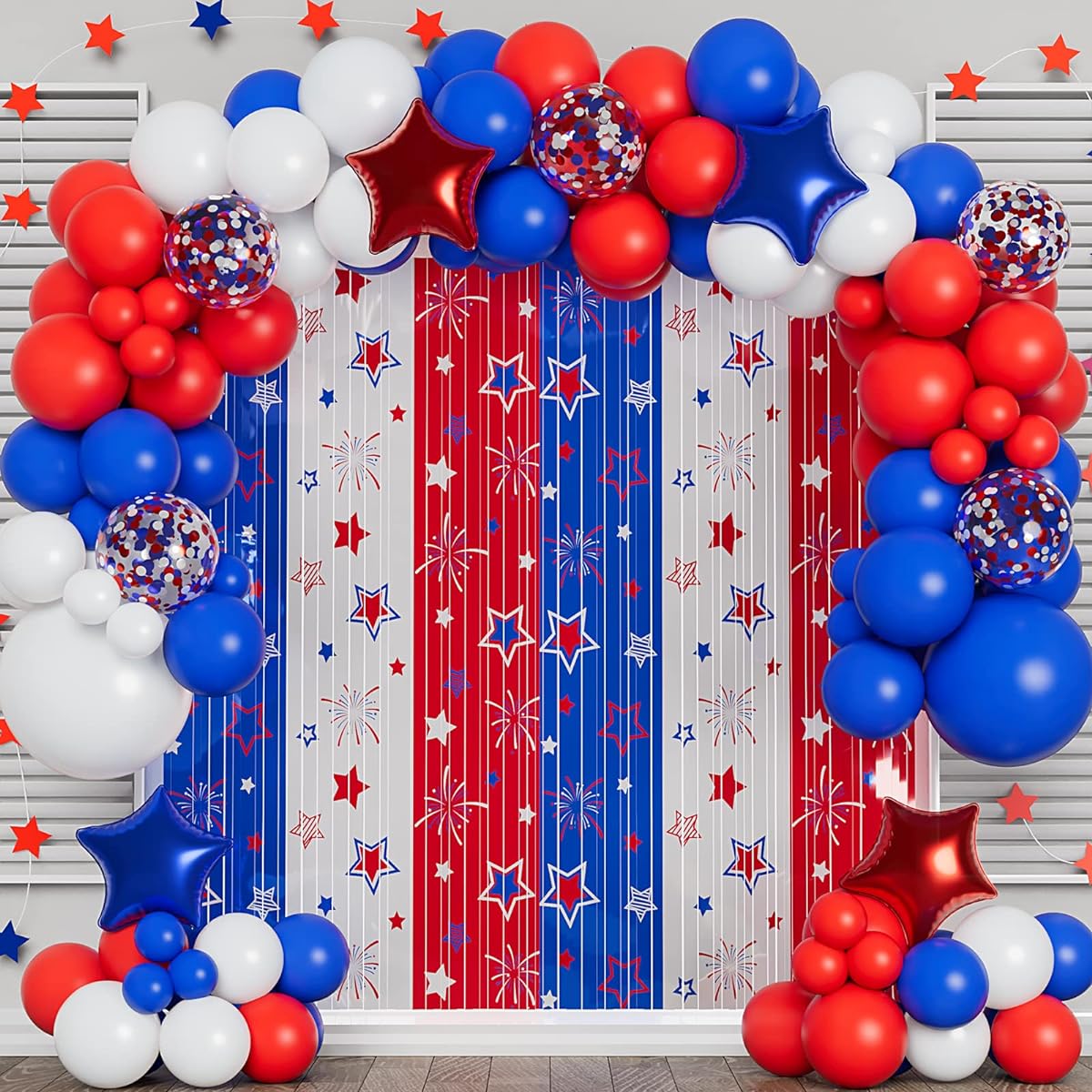DBKL Red White Blue Balloon Garland Arch Kit American Star Tinsel Foil Fringe Curtain for Independence Day Veterans Memorial Day Baby Shower Baseball Patriotic Theme Party Decorations