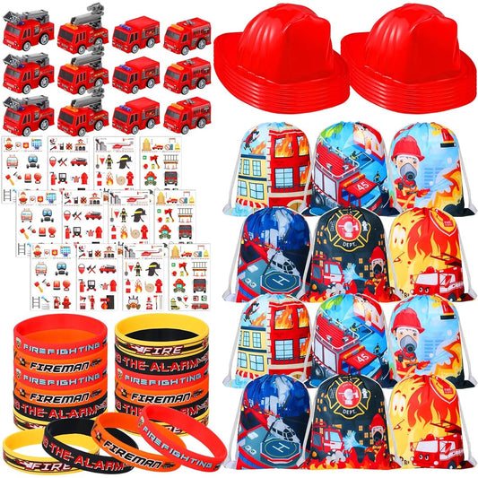 60pcs Firefighter Party Favors Fire Truck Birthday Party Supplies Decorations Fire Engine Toys for Kids Boys Helmet Tattoos Wristbands Drawstring Bags Silicone Bracelets for Firefighter Party Gifts