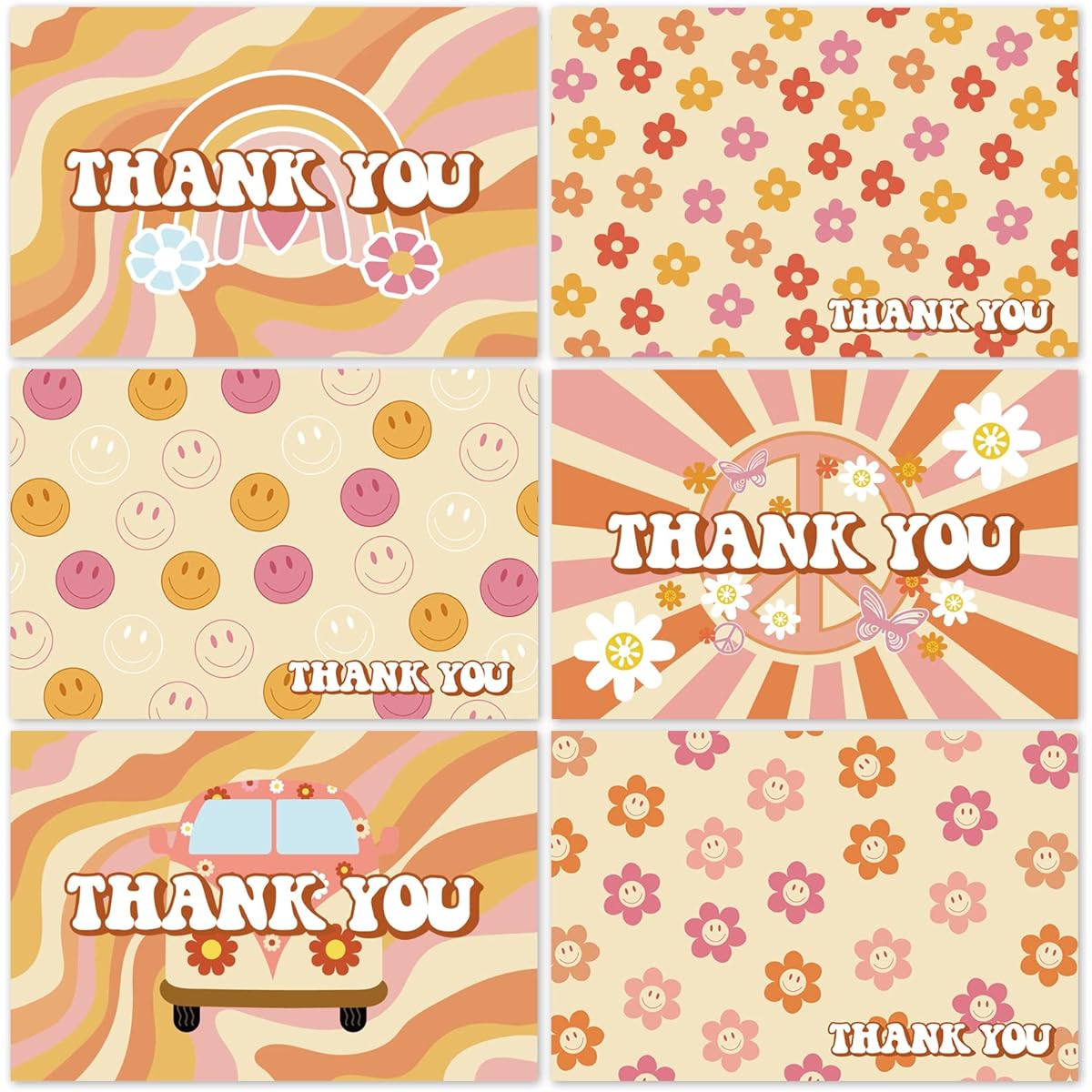 Whaline 36 Groovy Retro Hippie Thank You Cards Thanksgiving Boho Floral Greeting Cards with Envelopes and Stickers, Rainbow Flower Notecards for Birthday Wedding Bridal Shower Party Decorations 4 x 6 Inch