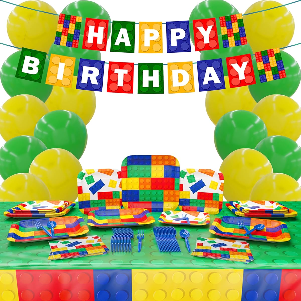 Blue Orchard Bricks Deluxe Party Supplies Pack (127 Pieces for 16 Guests) - Building Blocks Party Supplies Gamer Birthday Decorations Gamer Party Supplies Block Party Decorations Bricks Birthday