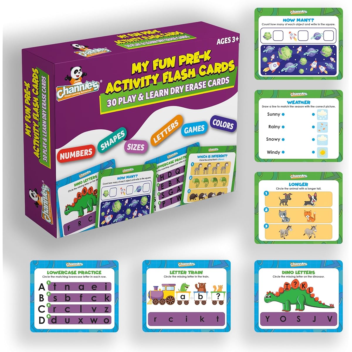 Channie's My Fun Pre-K Activity Flash Cards - 30 Kindergarten Dry Erase Educational Cards for Ages 3+ - Playful Learning Activities, Games, Coloring, Tracing Letters & Numbers, Counting and More