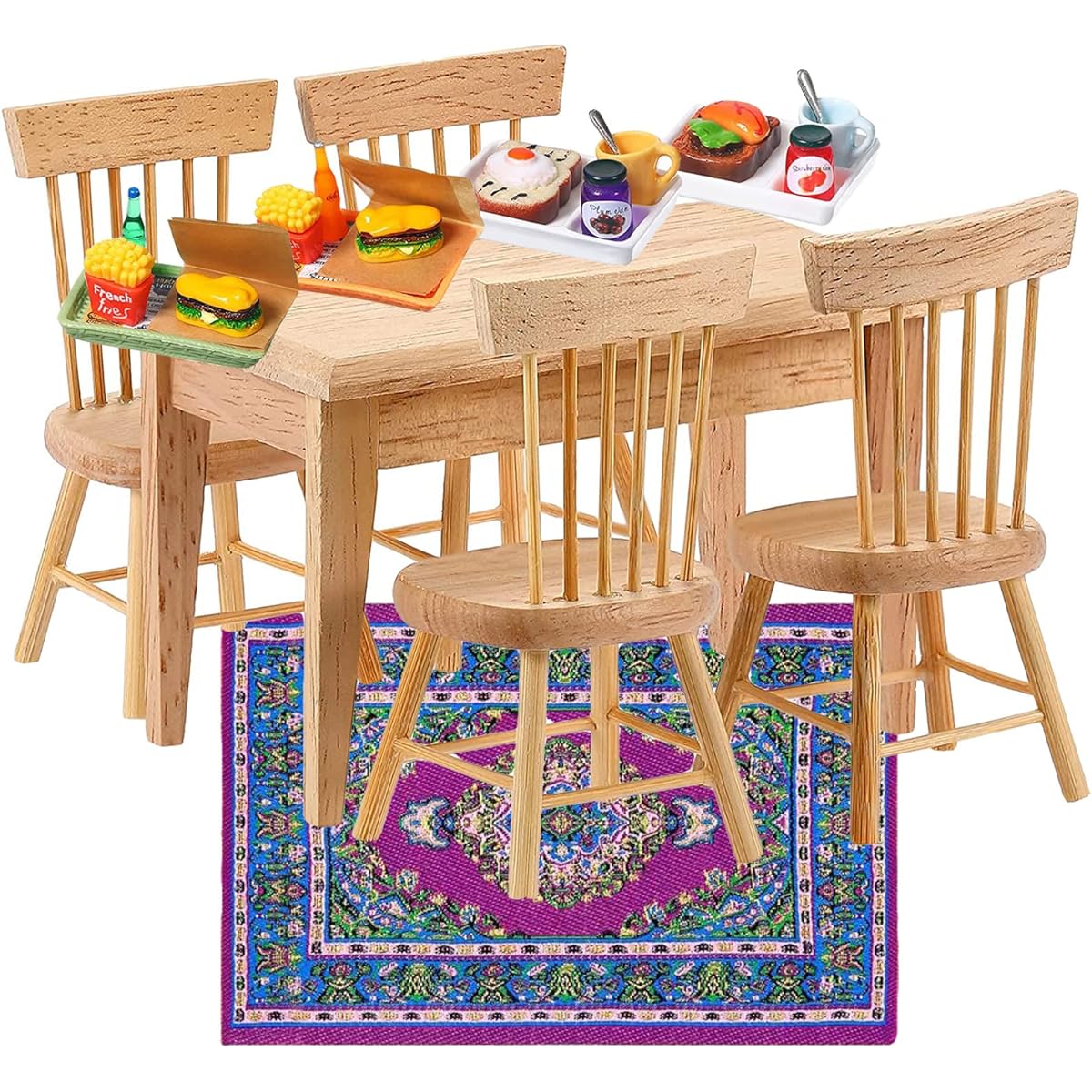 28 Piece Dollhouse Furniture Set, 1/12 Dollhouse Decoration, 1 Wooden Dining Table, 4 Chairs, Mini Carpet, Turkish Rug, 4 Dinner Plates, Great Gift for Kids
