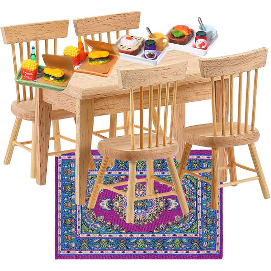 28 Piece Dollhouse Furniture Set, 1/12 Dollhouse Decoration, 1 Wooden Dining Table, 4 Chairs, Mini Carpet, Turkish Rug, 4 Dinner Plates, Great Gift for Kids