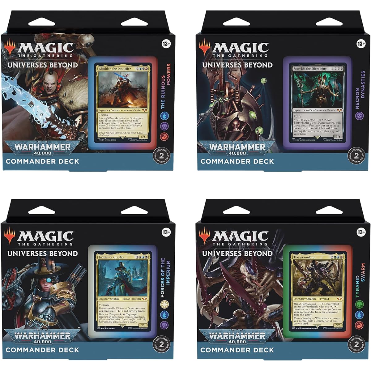 Magic: The Gathering Universe Beyond Warhammer 40,000 Commander Decks Bundle – Includes 1 Ruinous Force, 1 Necron Dynasty, 1 Imperium, and 1 Tyranid Swarm.