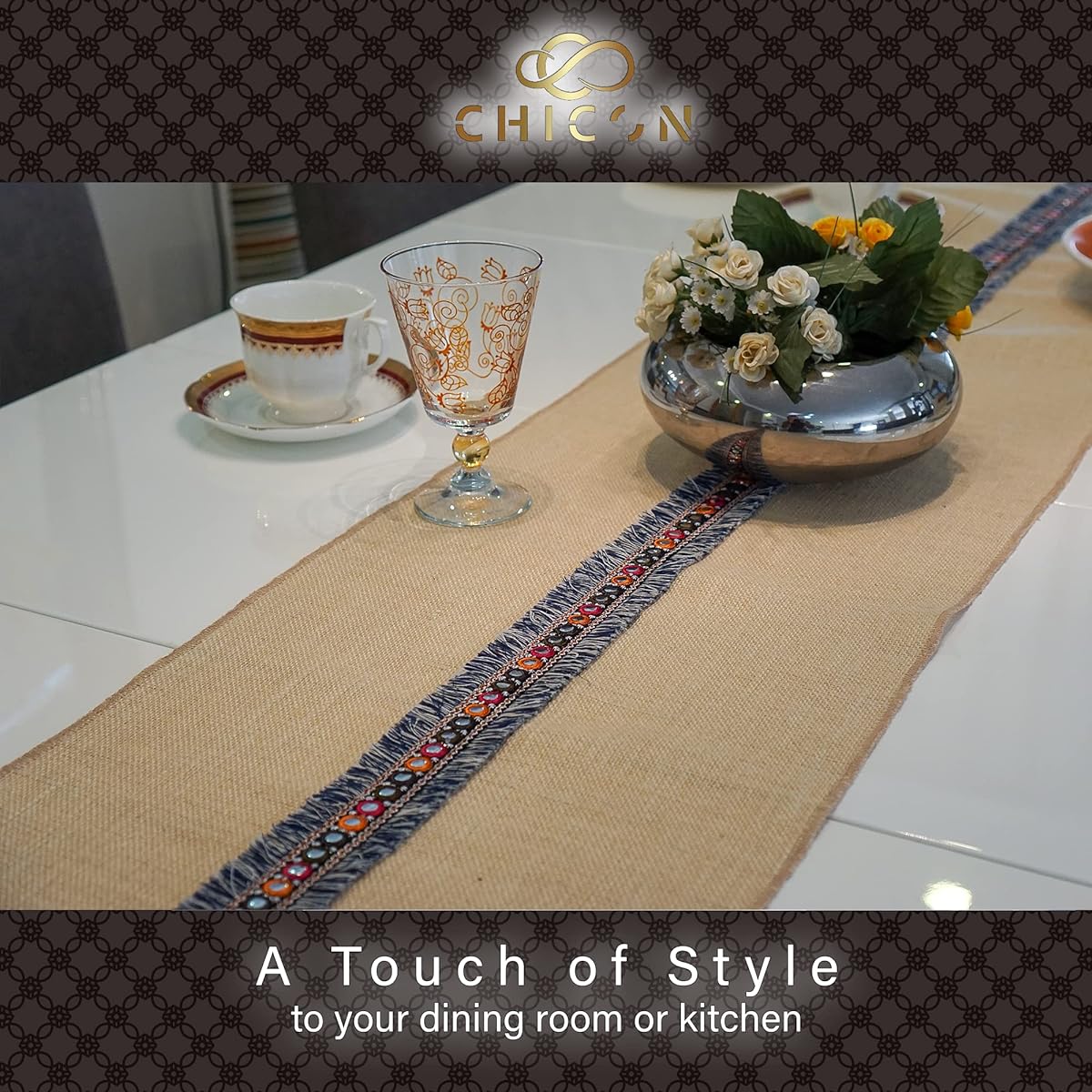 CHICON 12x60 Burlap Table Runner - Dresser Cover or Farmhouse Table Runner - Natural Cream Beige Burlap Fabric - Rustic Wedding Table Decorations - Collection 5-12x60