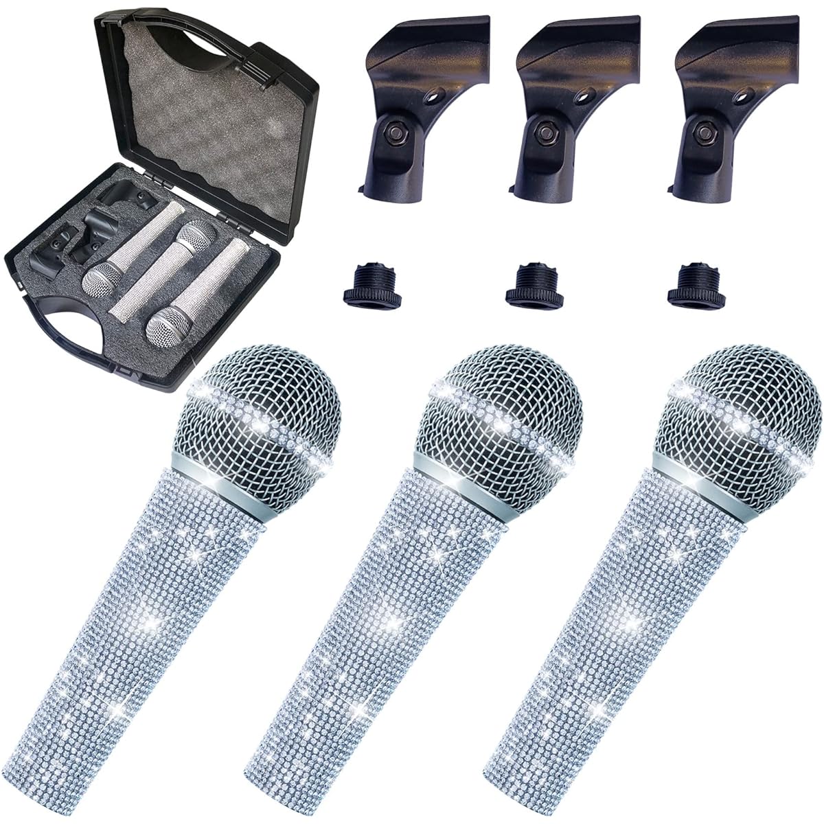RhymKawa Silver Bling Cardioid Dynamic Vocal Wired Microphone Kit Singing Karaoke Microphone with Case and Bling Crystal Sleeve Cover