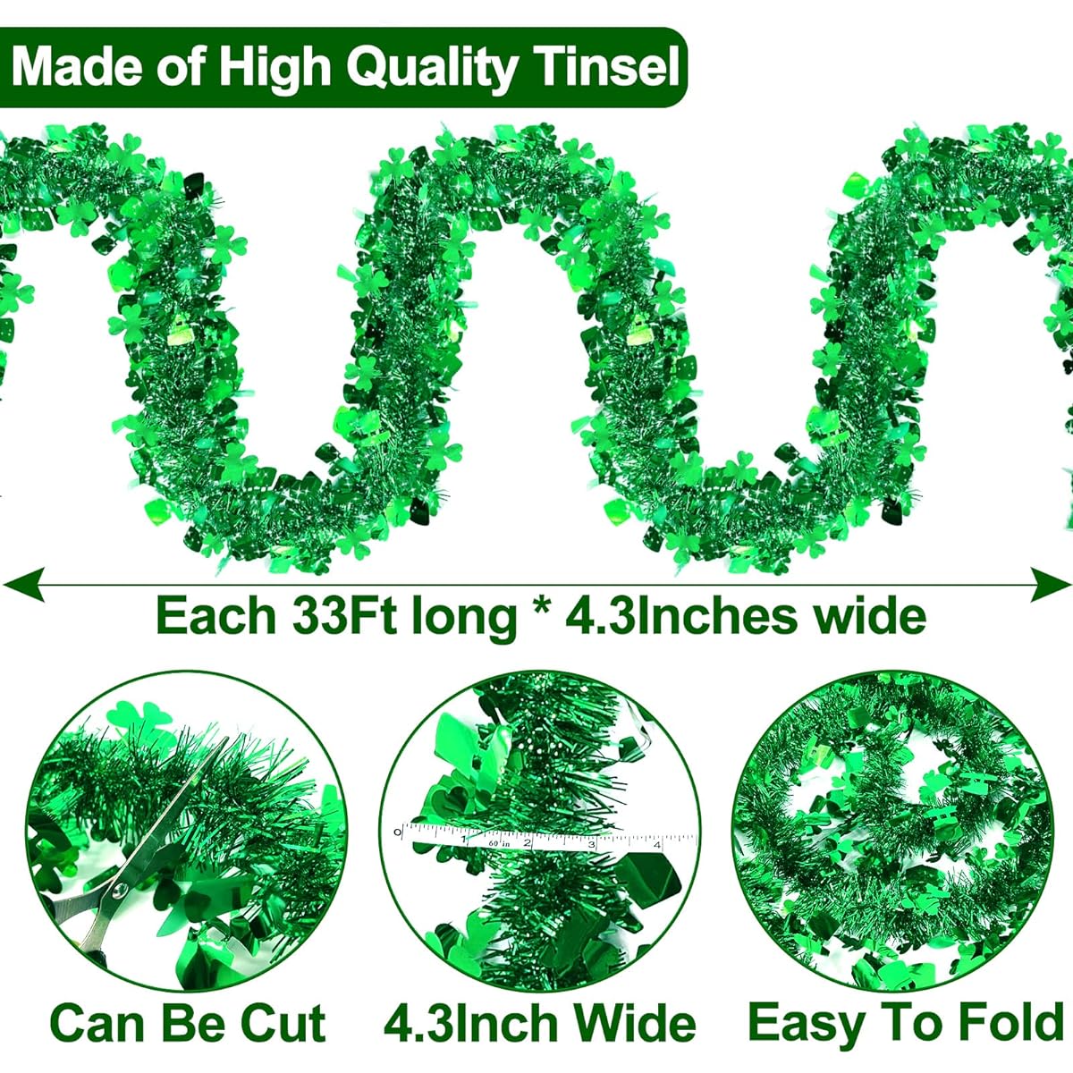 TURNMEON Tinsel Garland St. Patrick's Day Decorations, Green Leprechaun Hat, Shamrock, Clover, Metallic Streamers, St. Patrick's Day Decorations for Home Outdoor Indoor Irish Party Supplies Decorations 33ft