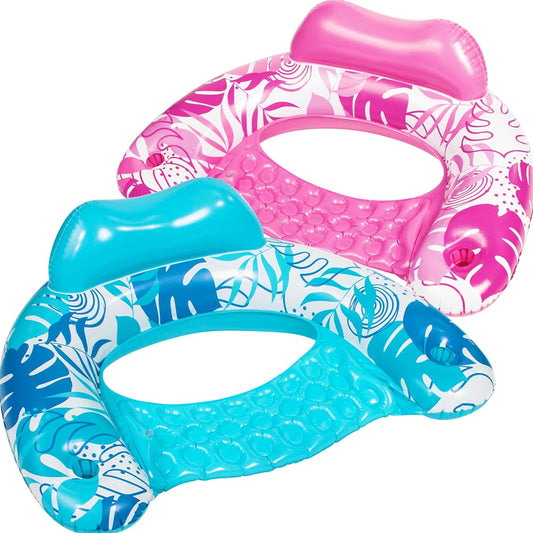 2 Pack XL Tropical Leaf Inflatable Pool Chairs (Blue, Pink)