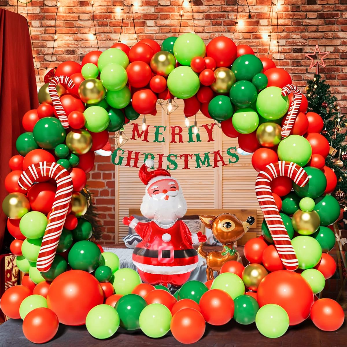 CboDeco Christmas Balloon Garland Arch Kit, 106 Pieces Red, Dark Green, Metallic, Gold, Lime Green Balloons, Santa Claus Balloons, Elk Balloons, Candy Cane Balloons for Christmas Party Decorations