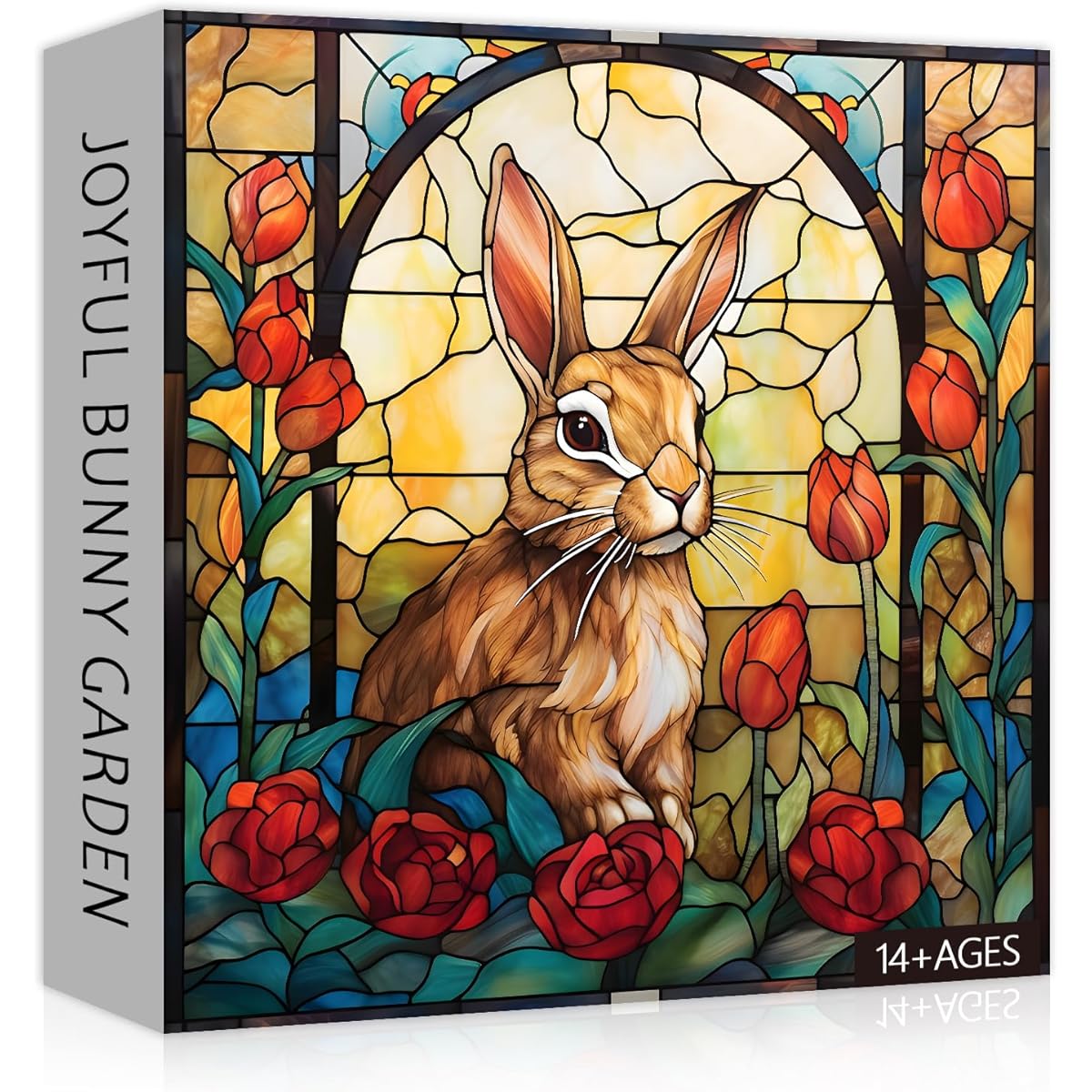 Stained Glass Bunny Puzzle for Adults 1000 Piece Easter Flower Garden Puzzle Colorful Art Puzzle for Adults Bunny Stained Glass Jigsaw Puzzle as a Happy Easter Gift