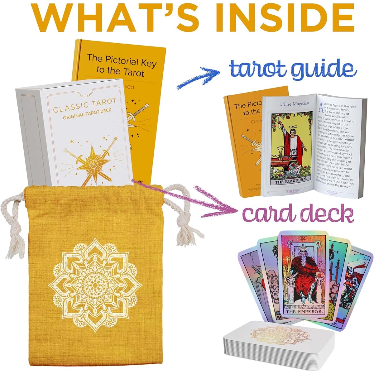 Sagesight Classic Tarot Card Deck with Guidebook & Premium Linen Carry Bag - Original Pamela Colman Smith Artwork - Vibrant Inks & Rich Colors - Durable Tarot Cards for All Skill Levels (Holographic)