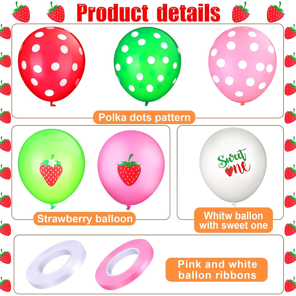 60pcs Strawberry Balloons, Strawberry Birthday Party Decorations, Sweet One Shortcake Balloons with 2 Rolls Ribbon for Kids Summer Fruit Party Supplies