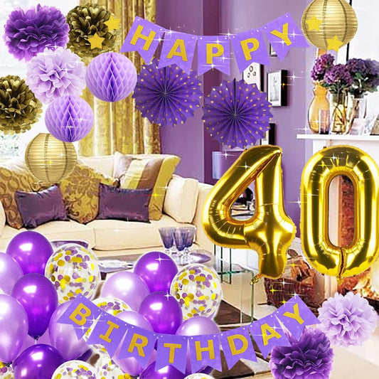 40th Birthday Decorations for Women Purple Gold Happy Birthday Banner Purple Gold Confetti Balloons 40 Balloons Women 40th Party Decorations Purple Gold