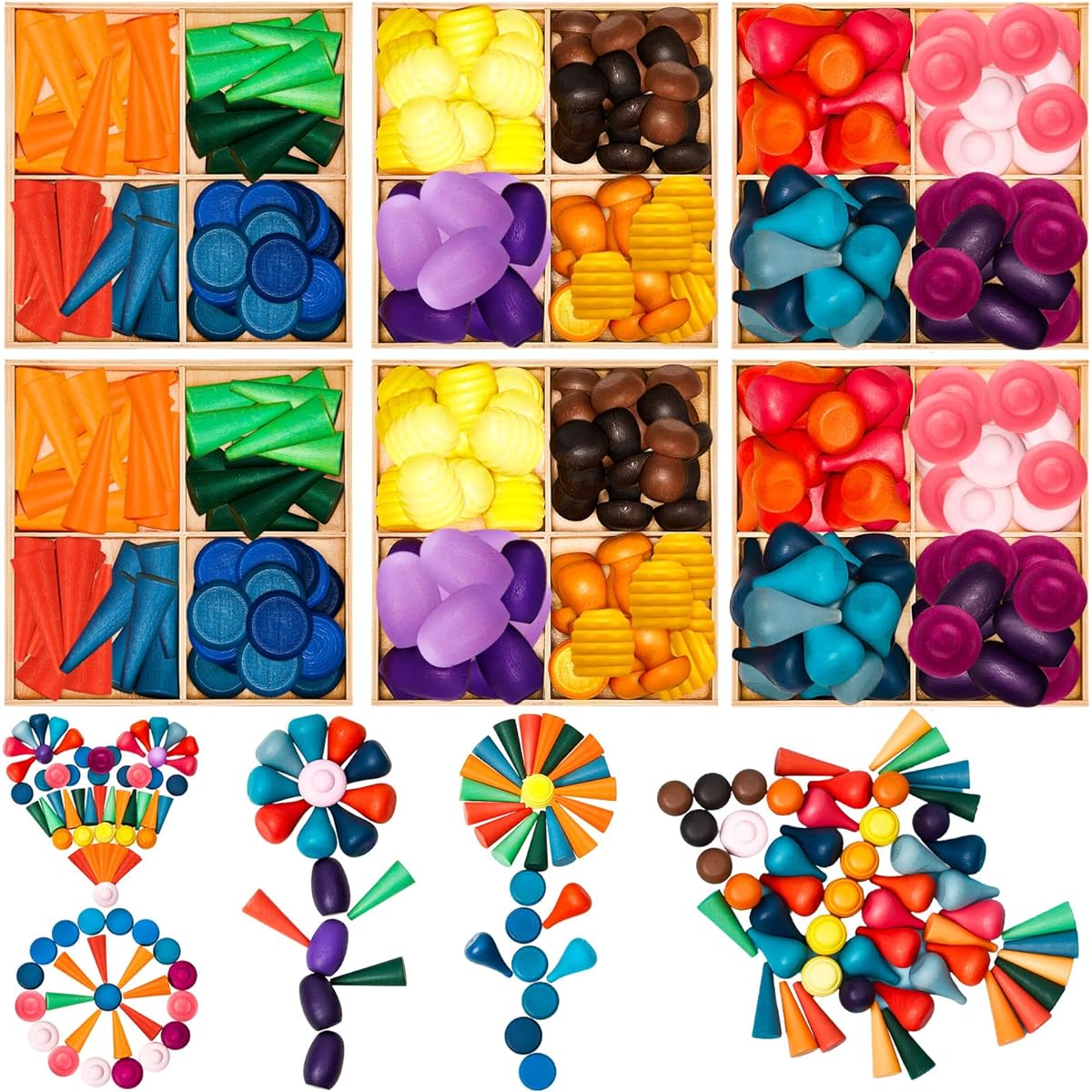 Loose Parts Play Material Set, Wooden Mandala Toy Kit, Wooden Sensory Play Toy, 27 Rainbow Colors, 7 Shapes, Loose Parts for Teen Students, Early Learning Materials (162)