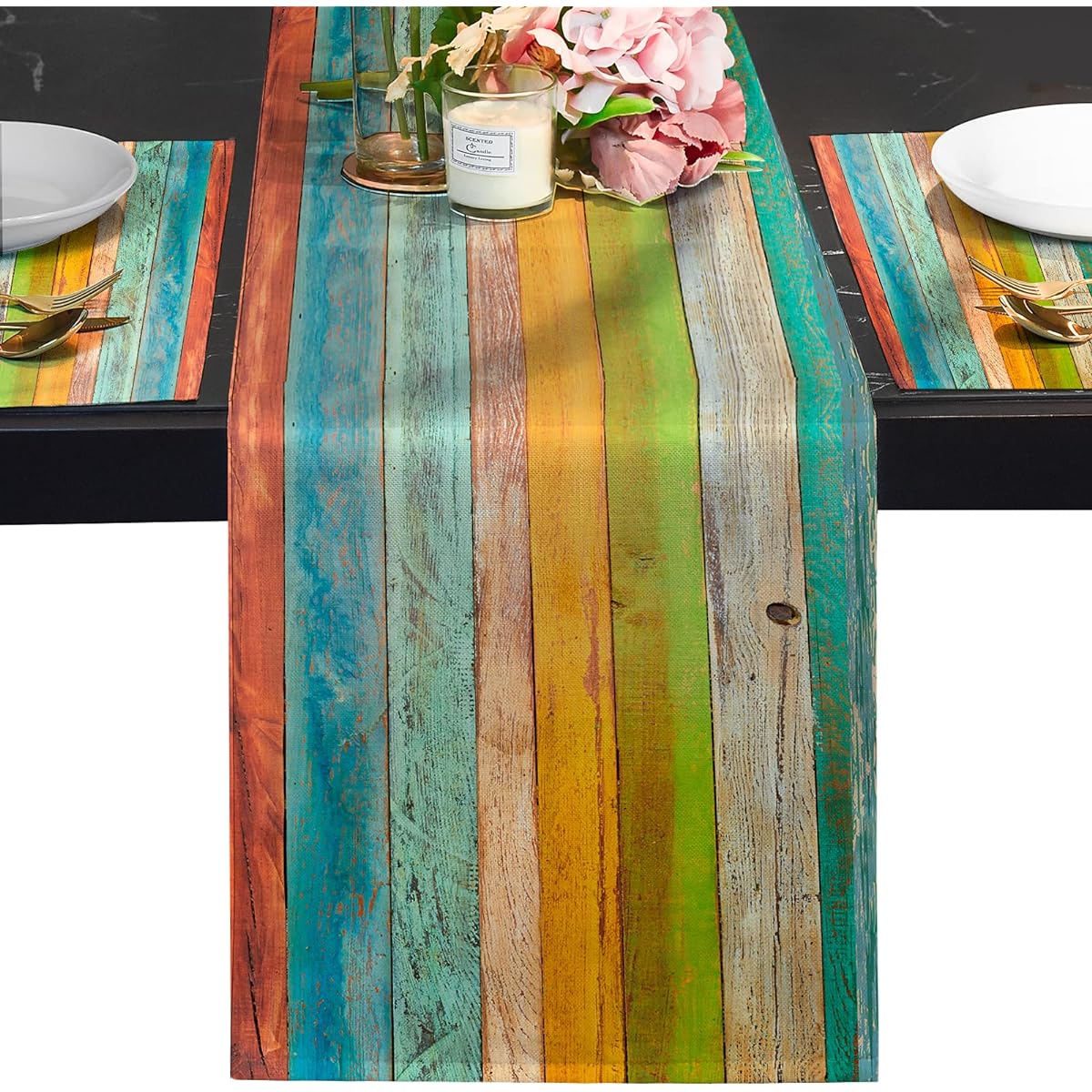 Sinpooo Farmhouse Rustic Vintage Wood Grain Table Runner 6 Pieces Placemats Old Barn Wood Turquoise Blue Kitchen Tablecloth Kit Heat Resistant Washable for Kitchen Table Wedding Party Holiday Dinner
