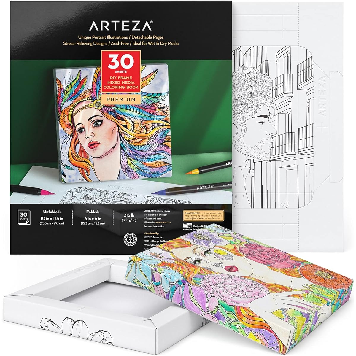 Arteza Adult Coloring Book, 10 x 11.5 Inch, 30 Portrait Illustrations, 210lb Paper, DIY Coloring Sheets, Folds into a 6x6 Inch Frame, Art Supplies for Relaxation, Reflection, Crafts
