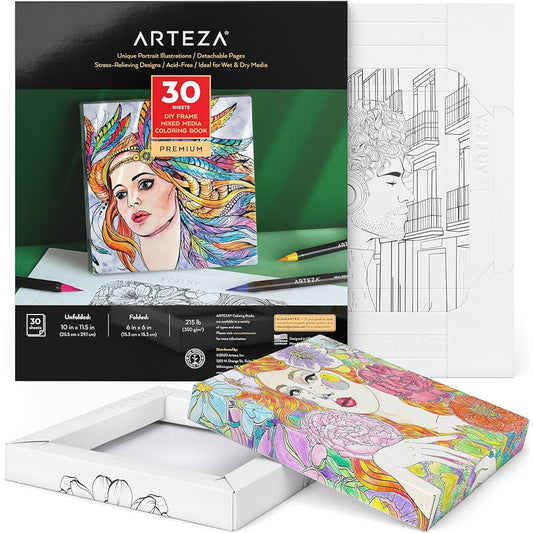 Arteza Adult Coloring Book, 10 x 11.5 Inch, 30 Portrait Illustrations, 210lb Paper, DIY Coloring Sheets, Folds into a 6x6 Inch Frame, Art Supplies for Relaxation, Reflection, Crafts