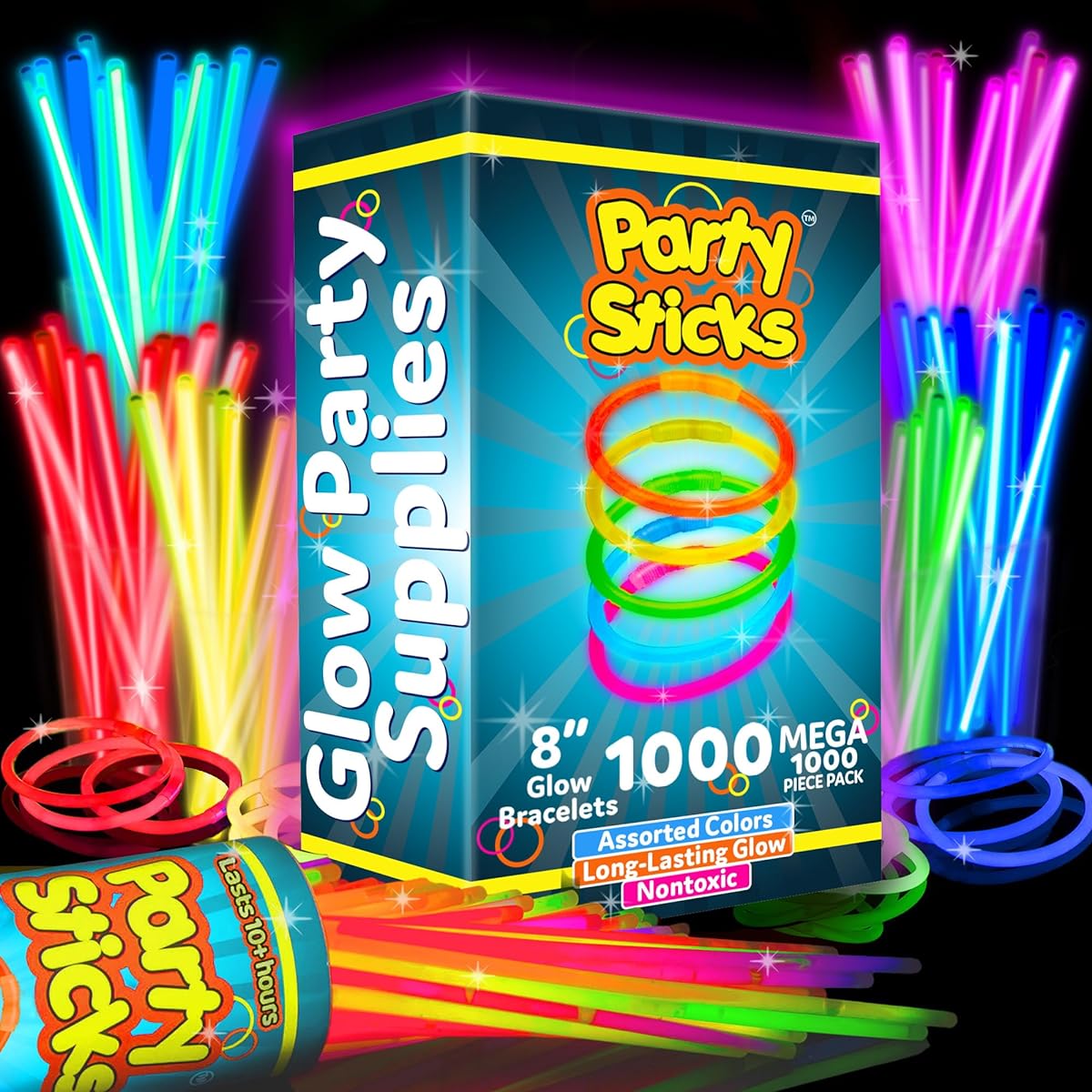 PartySticks Glow Sticks Party Supplies 1000 Pack - 8 Inch Glow in the Dark Light Up Sticks Party Favors Glow Party Decorations Neon Party Glow Necklaces & Glow Bracelets with Connectors