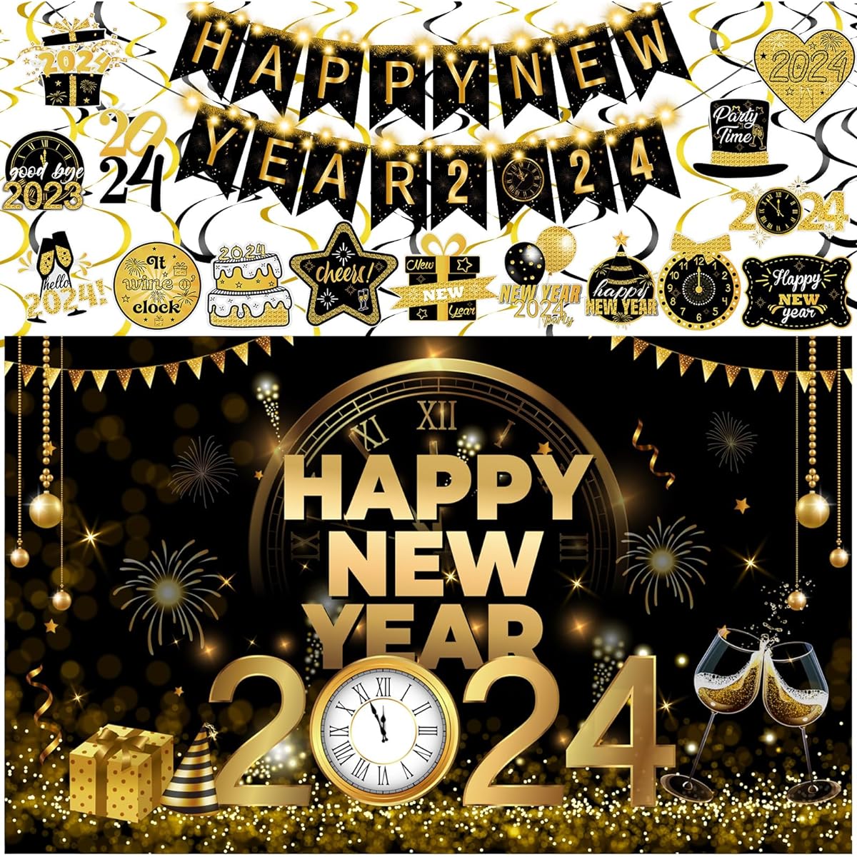 Syhood 42 Pieces Happy New Year Party Supplies Set,Happy New Year Party Foil Hanging Swirls Ceiling Large New Year Party Backdrop Banner LED String for Happy New Year Party Decorations