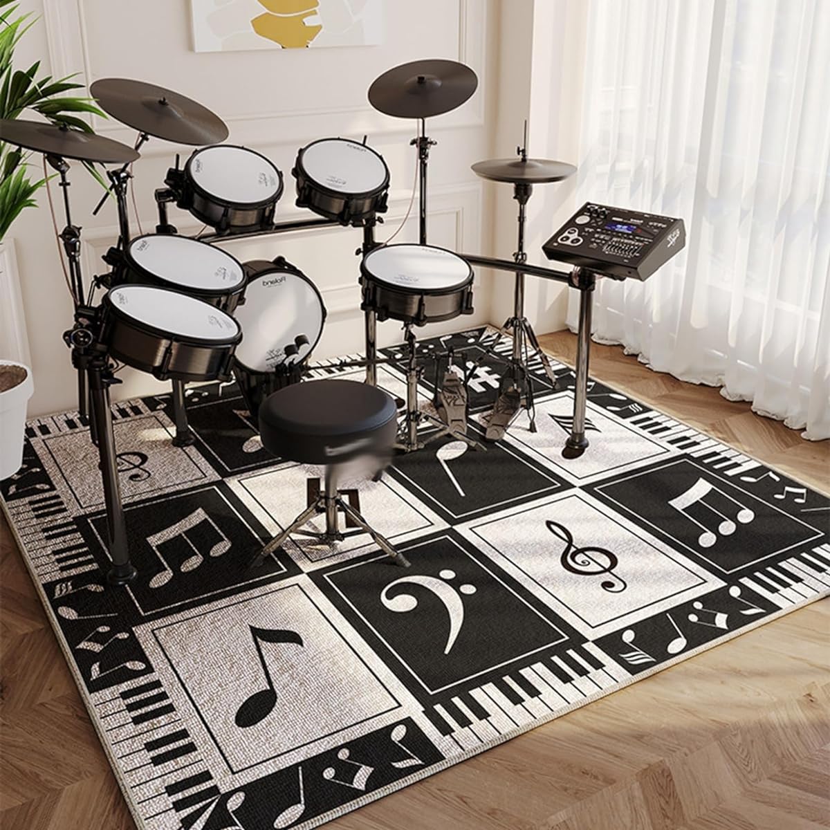 ano Rug, Checkered Pattern, Lattice Pattern, Short Pile, Piano Key Pattern, Carpet, Free Cut, Rectangular, Electronic Drum Kit, 200*200cm, Fluffy, Non-Slip, Easy to Clean, Anti-Scratch, Shock Absorbing, Sound Absorbing, Stylish, Musical Instrument, Floor
