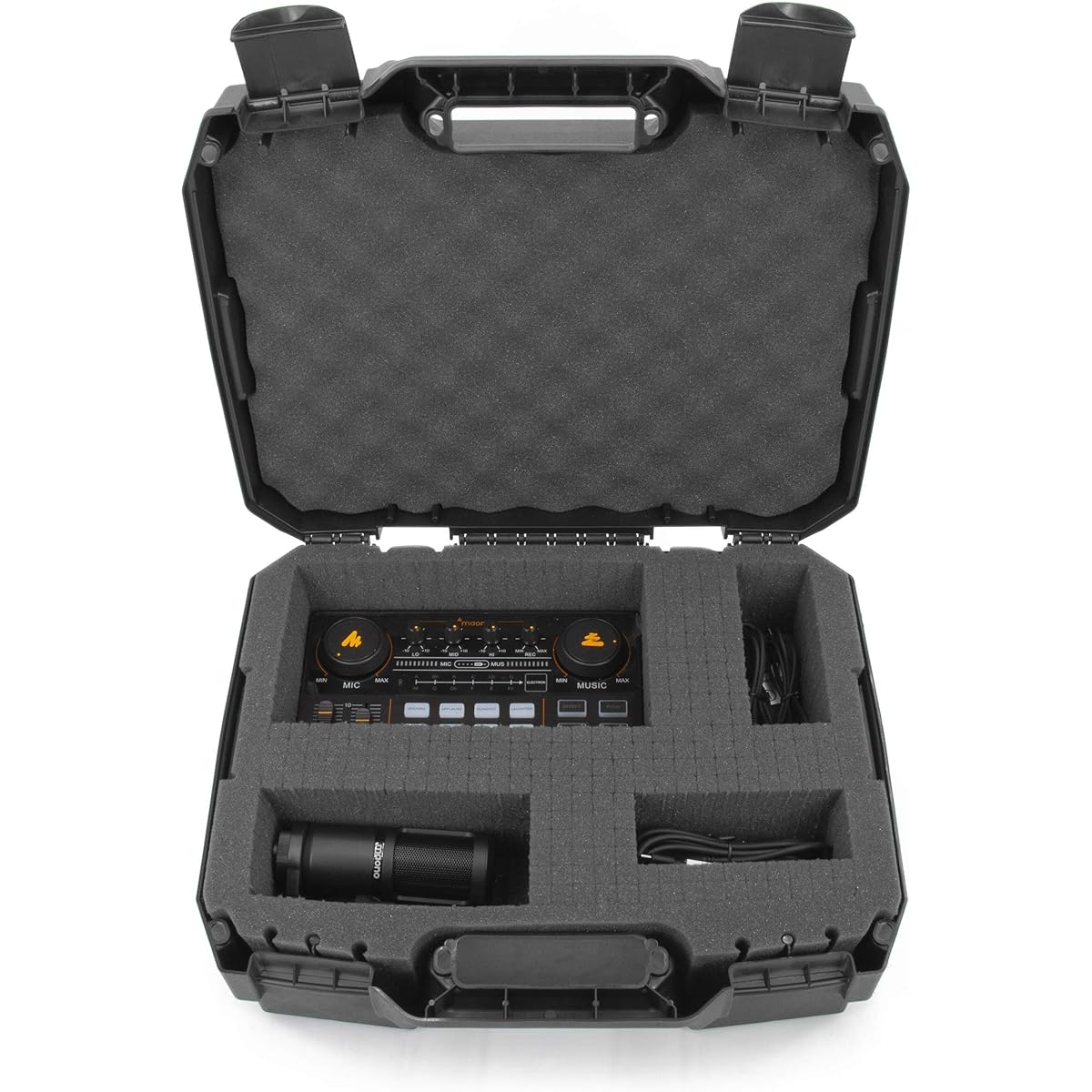 CASEMATIX Hard Shell Travel Case Compatible with Maonocaster Lite Audio Mixer Podcast Equipment Bundle Customizable Foam Interior Fits Podcast Mixer, Microphone, Cables, and More - Case Only