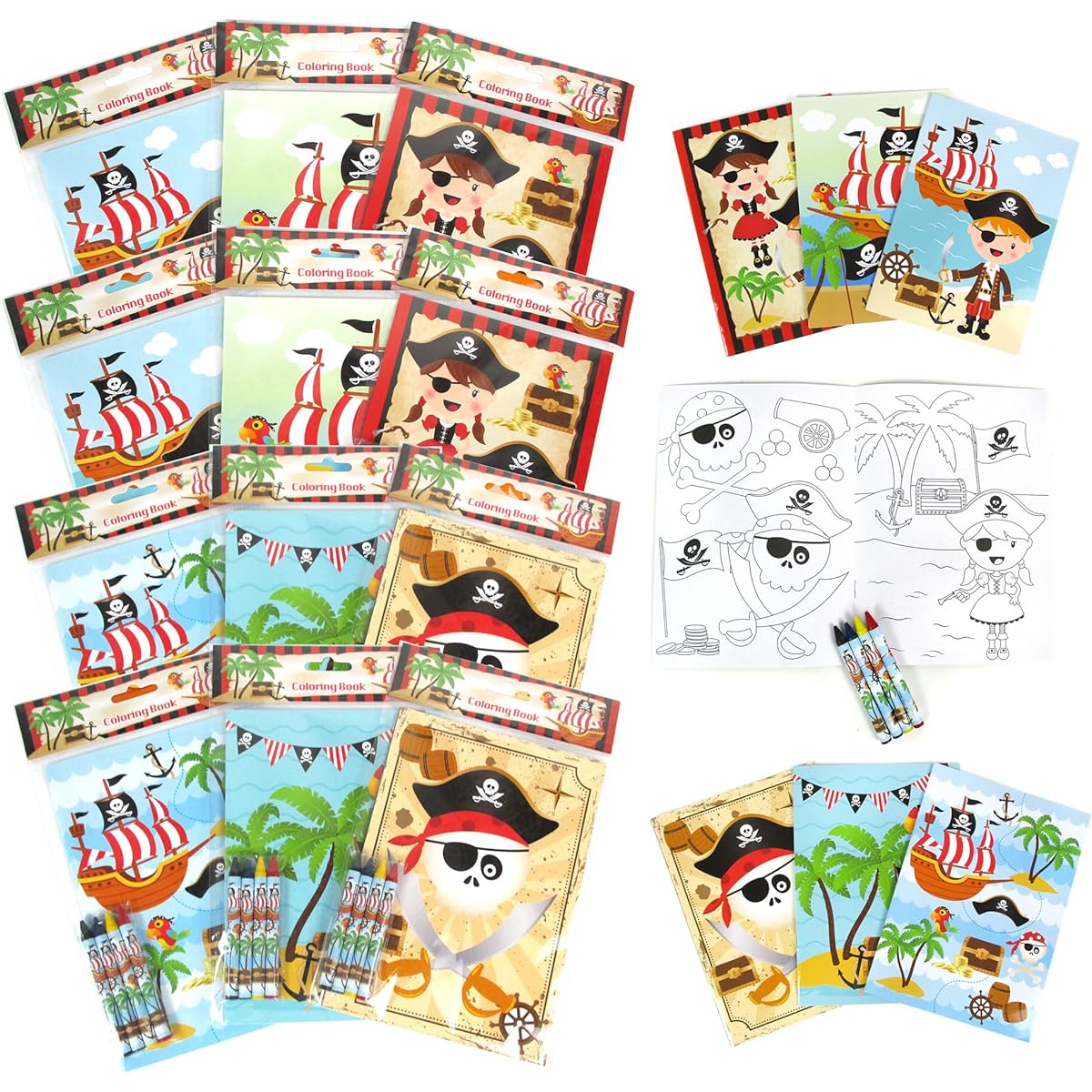 TINYMILLS Pirate Coloring Set - 12 Coloring Books and 48 Crayons - Pirate Birthday Party Supplies Favors Bag Fillers Carnival Prizes Rewards Classroom Party