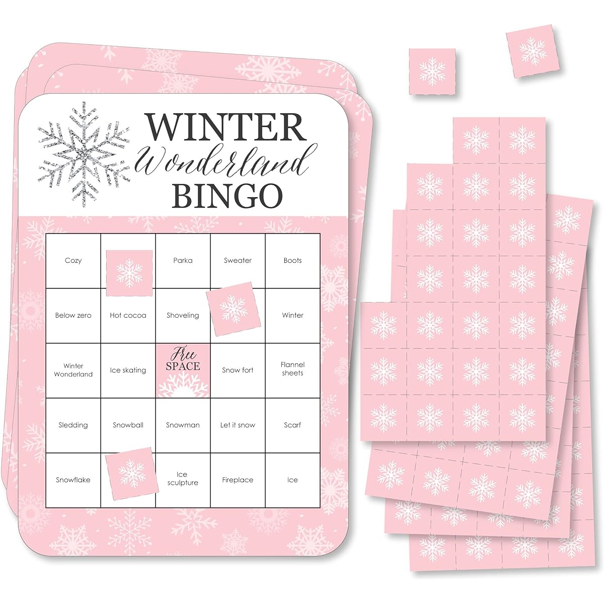 Big Dot of Happiness Pink Winter Wonderland - Bingo Cards and Markers - Holiday Snowflake Birthday Party Baby Shower Bingo Game - Set of 18