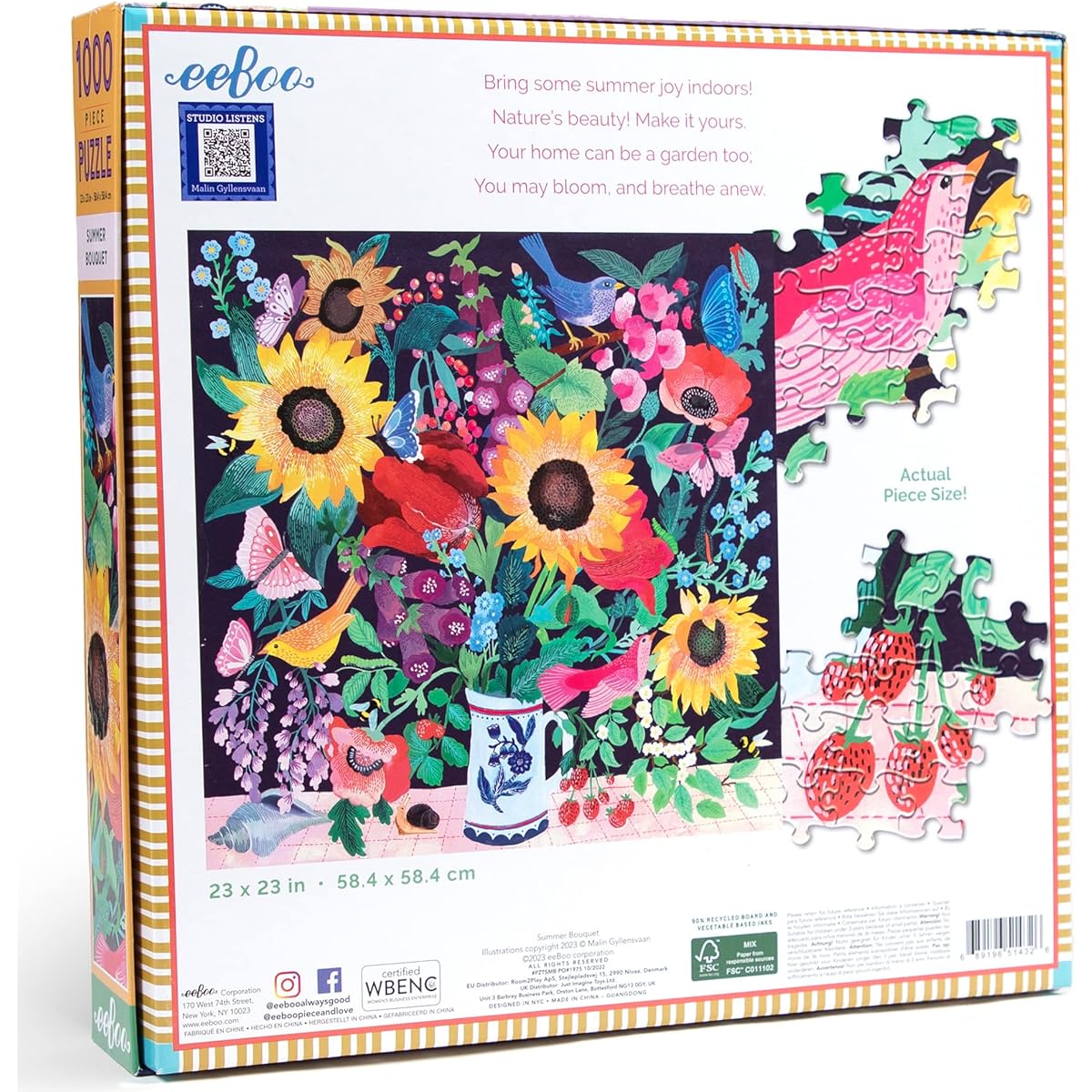 eeBoo: Piece and Love Summer Bouquet 1000 Piece Square Adult Jigsaw Puzzle - 23" x 23" when completed - Sturdy Puzzle Pieces - Ages 14+