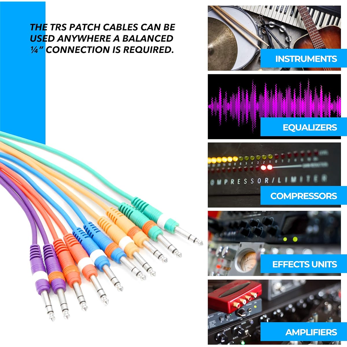 SEISMIC AUDIO - SASPC3 - 10 Pack 3' TRS Jumper Patch Cables - Multiple Color Codes