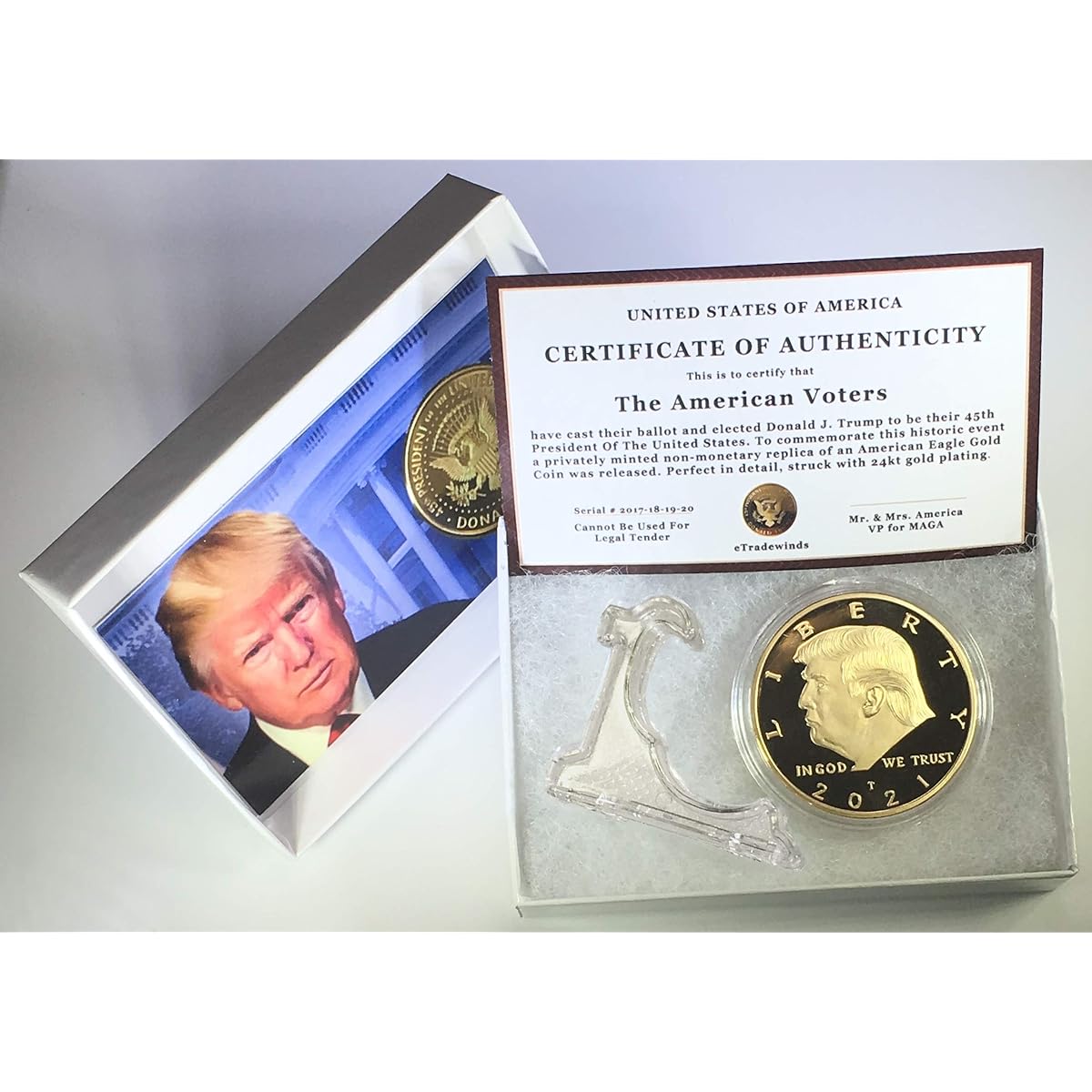 Donald Trump Replica Gold Piece 45th Presidential Edition 24 Karat Gold Plated Coin Gift Box Certificate of Authenticity Display Case and Stand (2021 Gift Box)