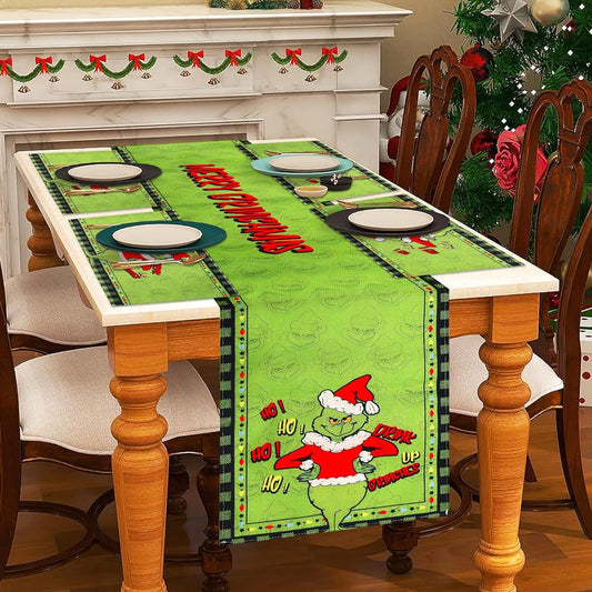 5 Piece Linen Green Christmas Table Runner Placemats Merry Grinchmas Tablecloth Holiday Home Kitchen Table Decor Christmas Table Mat Decor Set (Green)