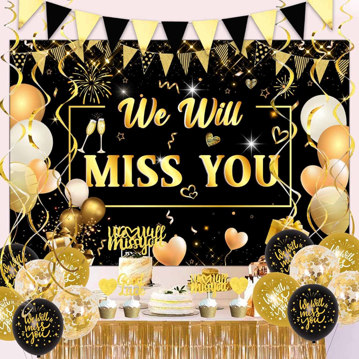 Farewell Party Decorations Black and Gold We Will Miss You Backdrop Cake Topper Hanging Swirls Balloons Going Away Party Decorations Retirement Career Change Party Supplies