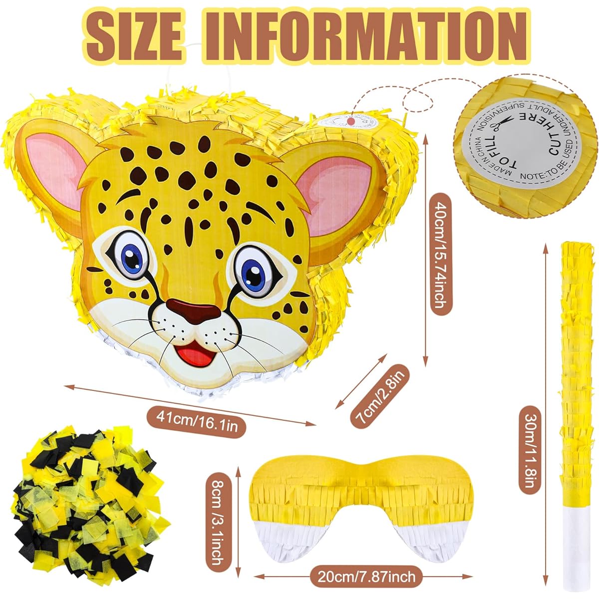Leopard Print Pinata with Stick Blindfold and Confetti Jungle Safari Pinata Birthday Party Supplies Wildlife Pinata Party Decorations Centerpiece Photo Props for Girls Boys Baby 16.1 x 11.8 x 2.8 inches