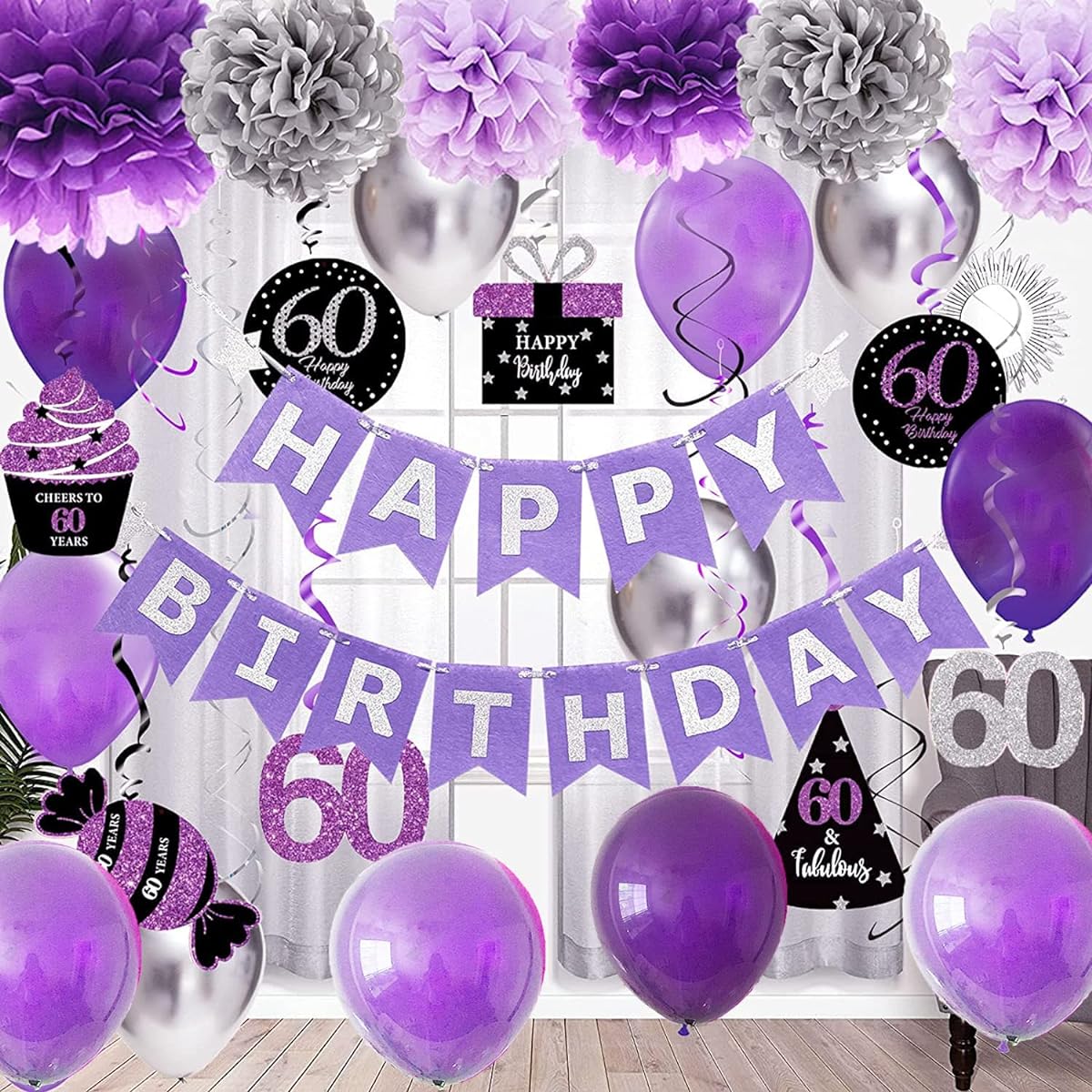 60th Birthday Decorations for Women Purple Silver/Women's 60th Birthday Party Decorations Purple Silver Black Foil with Balloons 60th Birthday Party Supplies