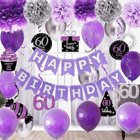 60th Birthday Decorations for Women Purple Silver/Women's 60th Birthday Party Decorations Purple Silver Black Foil with Balloons 60th Birthday Party Supplies