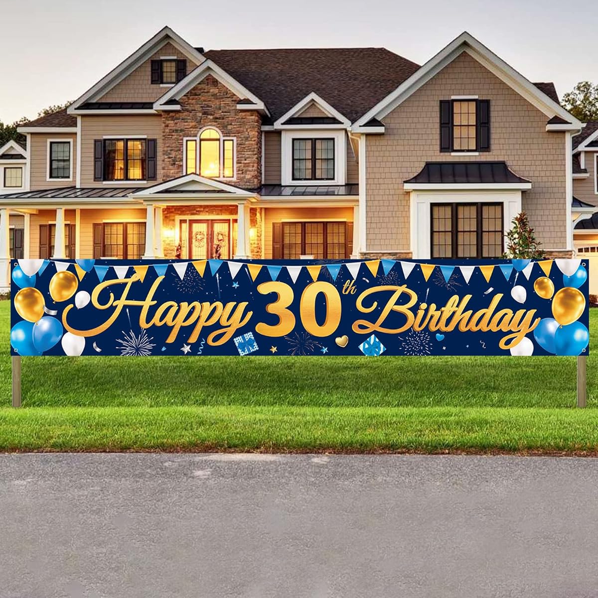 Large Happy 30th Birthday Banner Backdrop Blue Gold 30th Birthday Sign 30 Years Party Decorations Supplies for Men Wall Patio 118" x 20"