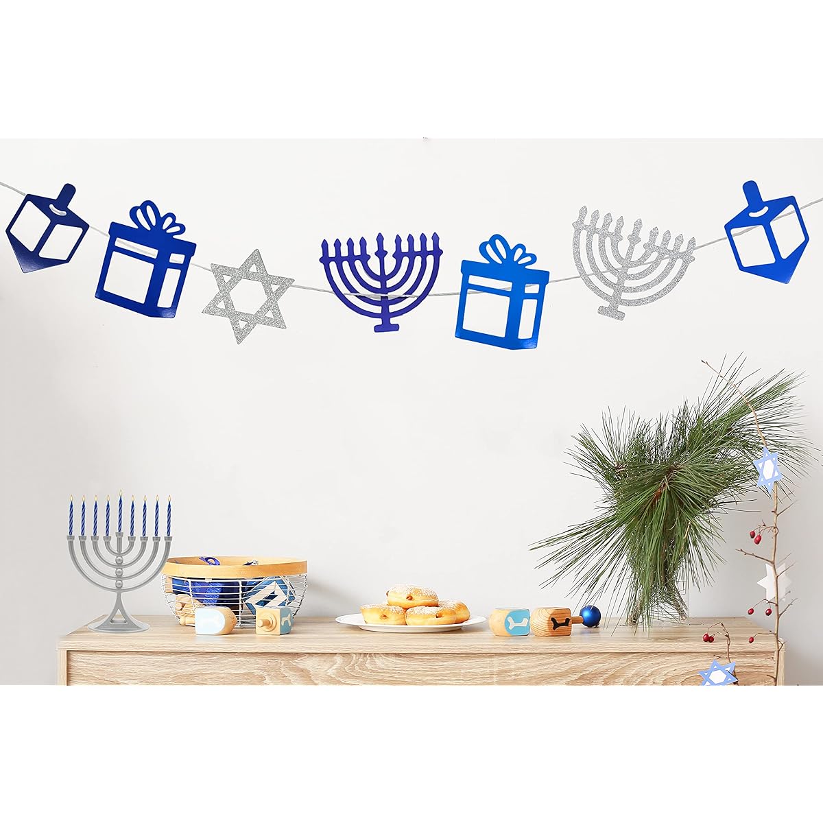 Silver Hanukkah Glitter Garland Decorations Menorah Dreidel Gifts Star of David Decorations Party Favors (Single)