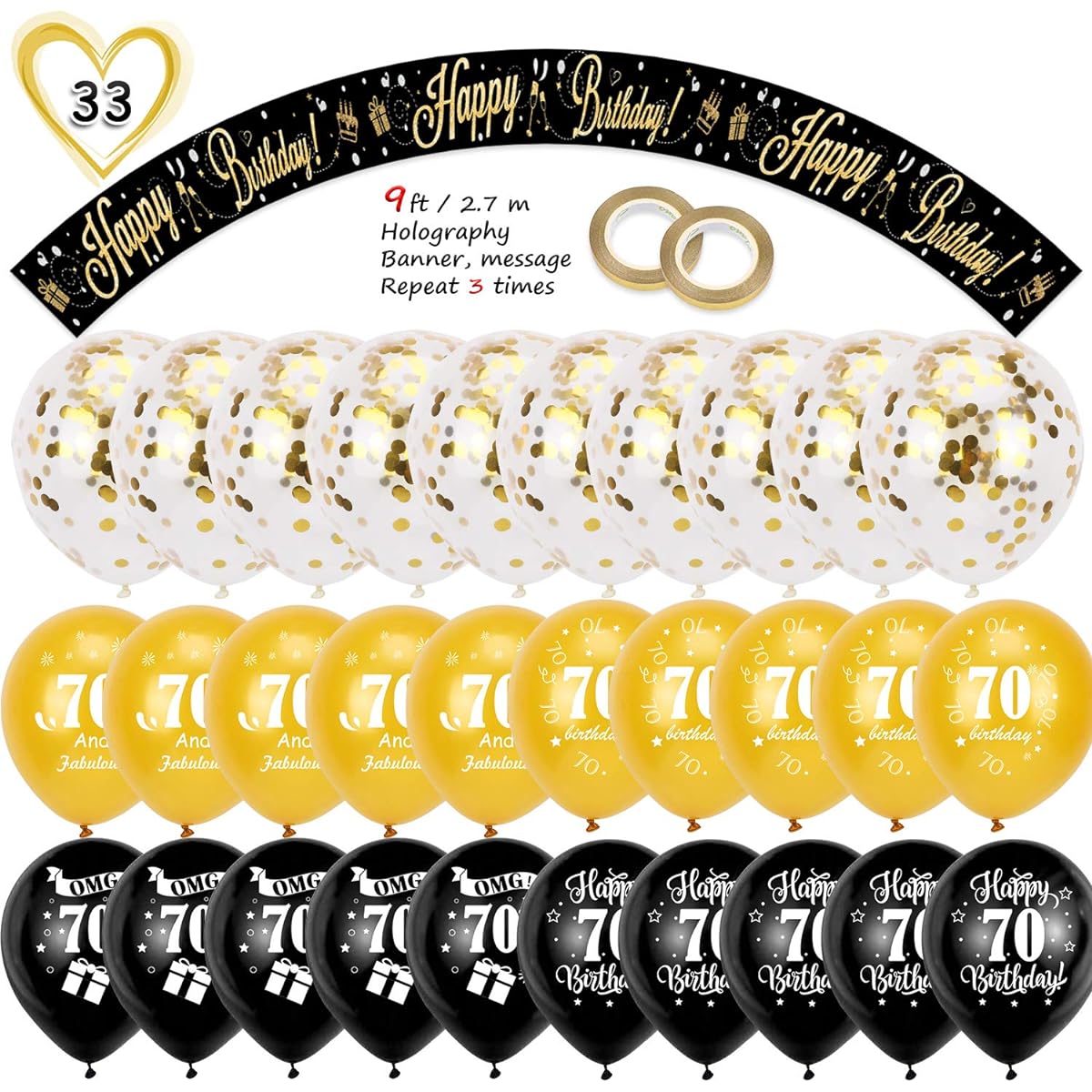 HOWAF 70th Birthday Decorations Kit with 9ft/2.7m HAPPY BIRTHDAY Foil Holographic Banner and 70th Birthday Balloons for Women Men 70th Birthday Party Decorations Supplies Black Gold (70 Years Old)