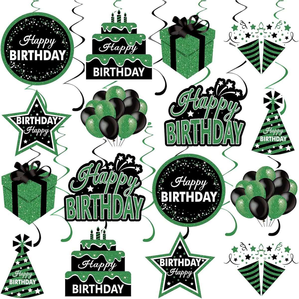 Green Birthday Hanging Swirl Decorations for Women Men 16 Pieces Black & Green Happy Birthday Foil Swirl Party Supplies for 10 Years 16 Years 18 Years 21 Years 30 Years 40 Years 50 Years 60 Years Birthday Green Theme Swirl Ceiling Decor