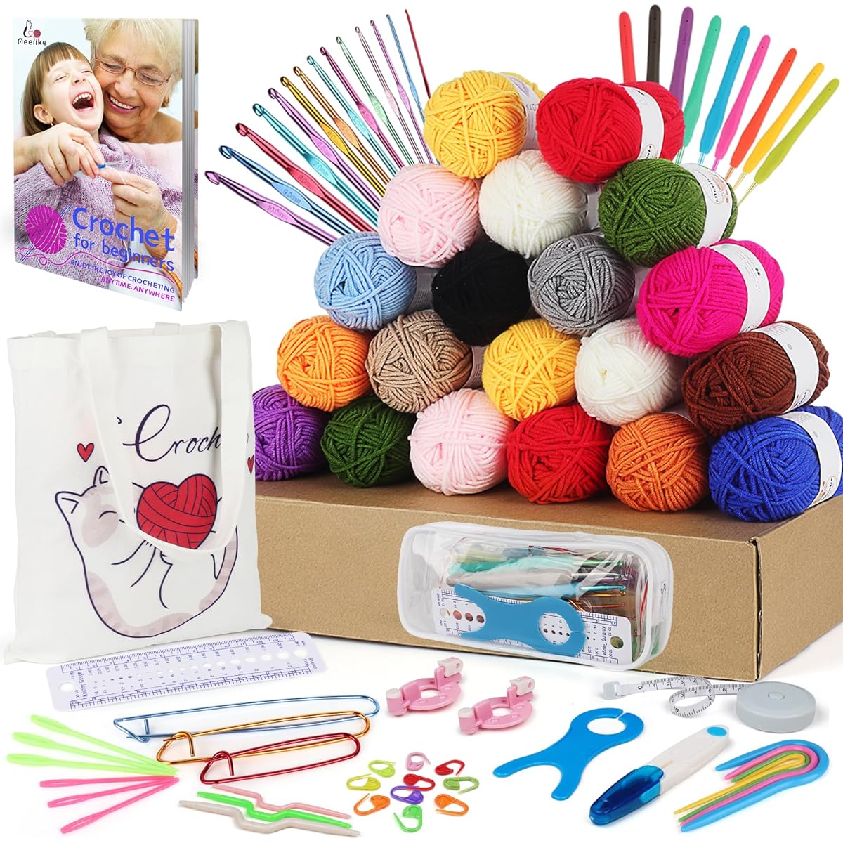 Aeelike Crochet Kit with Yarn for Beginners Adults All-in-One Starter Set 1093 Yards, 20 Acrylic Yarn Skein Balls, 23 Crochet Hooks, Crochet Instructions White Tote Storage Bag