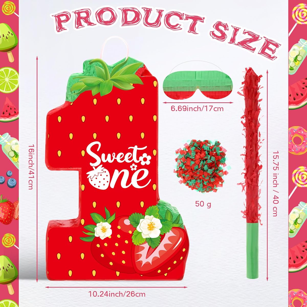 Aoriher Summer Number Pinata Strawberry Birthday Pinata Sweet Ice Cream Pinata with Stick Blindfold Confetti for Girls Summer Theme Birthday Baby Shower Party Game Supplies Decoration