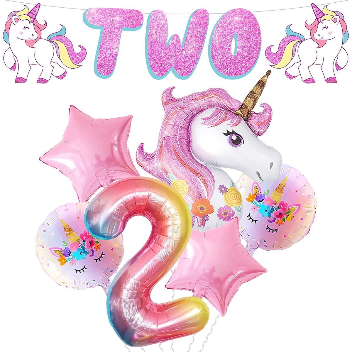 Pink Glitter 2 Banner 2nd Birthday Decorations for Girls - Extra Large 43" Unicorn Head Balloon | Number 2 Balloon 40" | for Unicorn 2nd Birthday Party Decorations